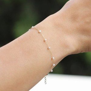 14k Gold Pearl Bracelet • Row Pearls Bracelet • Dainty Gold Pearl Braceelt